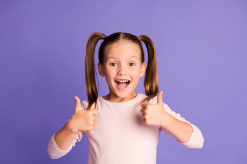 Photo of attractive brown haired pigtails girl show thumbs up recommend isolated on violet color background