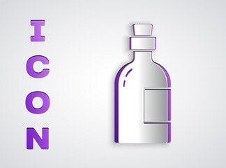 Paper cut Alcohol drink Rum bottle icon isolated on grey background. Paper art style. Vector.