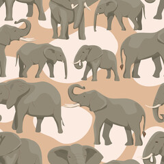 African savannah elephants seamless pattern. Animals of Africa and India. African bush elephant Loxodonta africana or African savanna elephant. Vector background