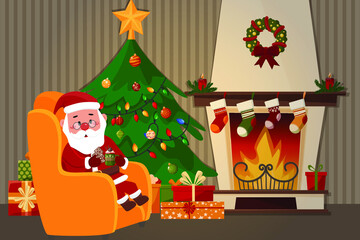 Santa is sitting in a chair near the fireplace, drinking a New Year's drink. Vector illustration