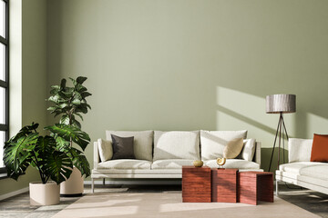 Interior scene: living room with a sofa in a loft building. Carpet on stone floor, floor lamp, fig...
