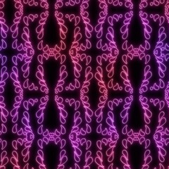 Neon light on black damask seamless repeat pattern. High quality illustration. Funky nightlife retro revival design. Futuristic dramatic glow lighting. 
