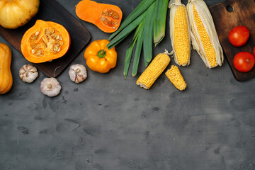 Variety of ripe vegetables including pumpkin and corn on dark background