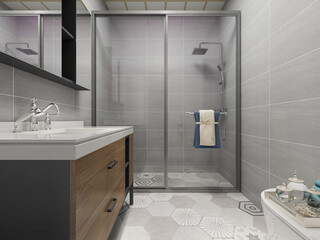 Clean and tidy bathroom, there are washstand, shower, toilet, bathtub and so on