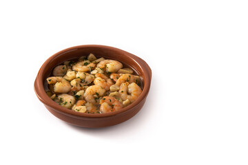 Garlic prawns in crock pot isolated on white background. Copy space	