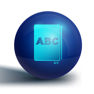 Blue ABC book icon isolated on white background. Dictionary book sign. Alphabet book icon. Blue circle button. Vector.