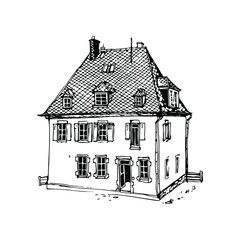 Cute old house exterior. Vintage European architecture building. Hand drawn doodle sketch, ink line art. Stock illustration on white background. Design for coloring book page, poster.