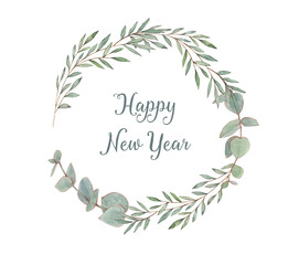 Hand-drawn watercolor template for greeting Christmas card with сhristmas tree branches and leaves isolated on the white background. Decorative ornamental frame. Happy New Year