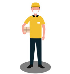 A delivery man is standing in medical protective mask with a parcel