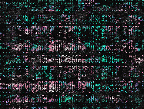 Grungy degrading binary code data stream abstract background with interference