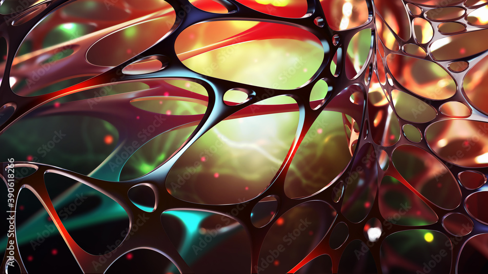 Poster Abstract sci-fi 3D illustration. Connected neurons, electrical impulses. Artificial deep neural network. Synthetic connective tissue structure. Computer intelligence and AI technologies