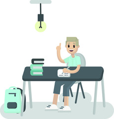 Vector simple character sitting on a chair at a table with books, lamp, backpack, notebook in blue and green colors