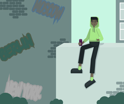 Vector simple character sitting on the wall with a can of soda in his hand on the background of a street with graffiti