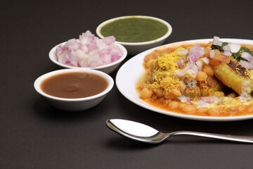 Ragda pattice -Aloo tikki or Potato Cutlet or Patties is a popular Indian street food made with boiled potatoes, spices and herbs served with tamrind chutney and peas curry.