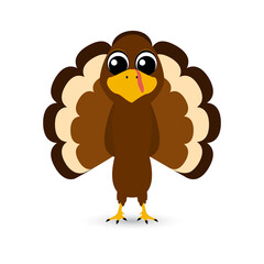 Thanksgiving cartoon turkey stands on a white background. Vector illustration for the holiday