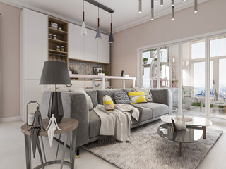 There are cloth sofa and table in the clean living room