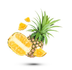 Fototapeta na wymiar pineapple and pineapple slice with leaves isolated on white background