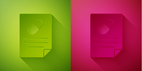 Paper cut Medical prescription icon isolated on green and pink background. Rx form. Recipe medical. Pharmacy or medicine symbol. Paper art style. Vector.