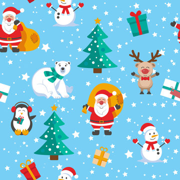 Seamless pattern with Santa Claus, deer, Christmas tree, Snowman and penguin. Christmas Vector illustration