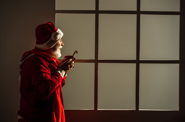 Merry Christmas and Happy Holidays. New year is coming. happiness and joy. ready for xmas party. celebrate winter holiday. funny man wear santa claus coat and hat. shopping