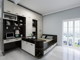 Modern design of the bedroom, there are large bed, dressing table and other facilities