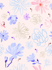 Seamless pattern, wrapping paper, cover of magnolia flowers and buds in pastel pale colors.