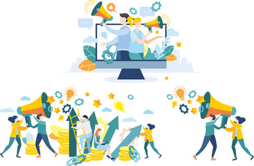 A set of modern flat illustrations. People with a megaphone on TV. Advertising promotion. A man and a woman speak through a megaphone.Schedule, coins, career ladder.