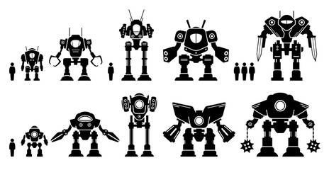 Giant mecha robot or battle bot set collection. Vector icons illustrations of gigantic mechanical machine or big mech robots for war and military. Robot model concept for games and character design. - obrazy, fototapety, plakaty