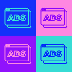 Pop art line Advertising icon isolated on color background. Concept of marketing and promotion process. Responsive ads. Social media advertising. Vector.