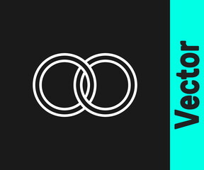 White line Wedding rings icon isolated on black background. Bride and groom jewelry sign. Marriage symbol. Diamond ring. Vector.