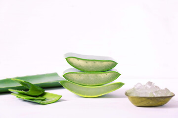 chopped three juicy pieces of aloe vera lay on top of each other