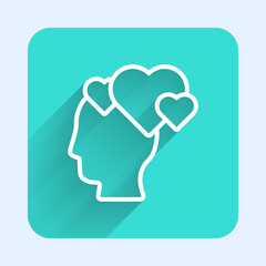 White line Human head with heart icon isolated with long shadow. Love concept with human head. Green square button. Vector.