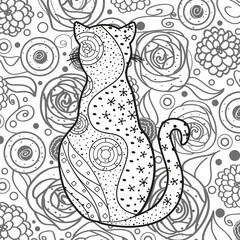 Square intricate background. Hand drawn ornate cat. Black and white illustration