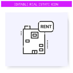 Rent apartment line icon. Rent a flat in a modern multi story house. Real estate agency, housing business concept. Lease home and housing amenities. Isolated vector illustration. Editable stroke 