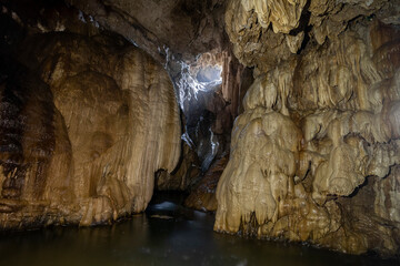 Long exposure image of the interior of the Ağlayan cave in Dikili district of Izmir.