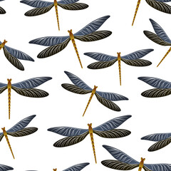 Dragonfly funky seamless pattern. Spring clothes fabric print with damselfly insects. Garden water 