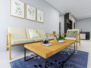 There are cloth sofa and table in the clean living room