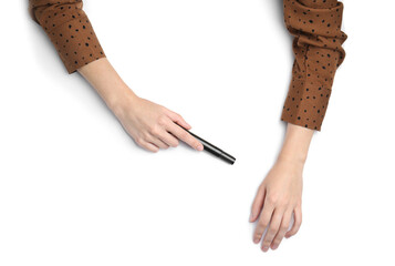 Woman with marker on white background, top view. Closeup of hands