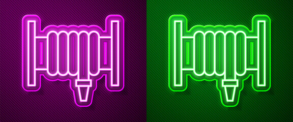 Glowing neon line Fire hose reel icon isolated on purple and green background. Vector.