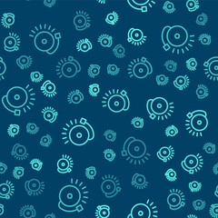 Green line Ringing alarm bell icon isolated seamless pattern on blue background. Fire alarm system. Service bell, handbell sign, notification symbol. Vector.
