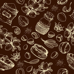 Seamless Pattern with branch argan tree with fruits, nuts argans, leaves, flower argans. Detailed hand-drawn sketches, vector botanical illustration.