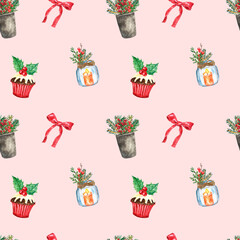 Simple and cute Christmas seamless pattern with symbols of winter holidays. Watercolor hand painted mason jar with candle, red ribbon, cake with holly berries, pine branches on pink background.