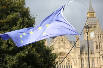 An EU flag blowing in the breeze in London.