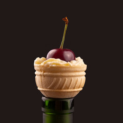 fresh cherry berries in milk cream lie in a waffle basket. healthy food for breakfast.