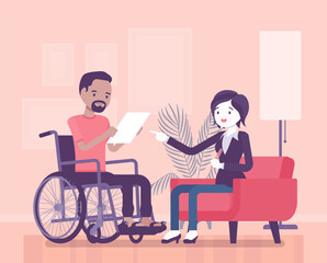 Disability insurance, medical support for disabled wheelchair man. Sick, injured worker social help and state compensation, information or filing for DI paper. Vector creative stylized illustration