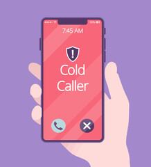 Cold calling on telephone screen for potential customer. Hand holding phone, screen with spam and telemarketing incoming call, advertising product and service. Vector creative stylized illustration