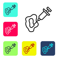 Black line GMO syringe icon isolated on white background. Genetically modified organism acronym. Dna food modification. Set icons in color square buttons. Vector.