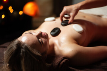 Masseur placing stones on woman's back in spa salon. Girl enjoying body treatment