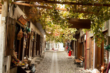 Fototapeta na wymiar turkey beautiful old shops where nostalgia narrow streets in the old city, surrounded by streets of grapevine