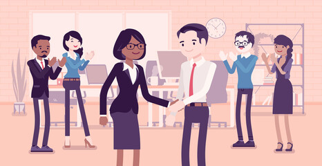 Employee of month, announcement and office boy awarding. Company worker gets reward, acknowledged in front of colleagues, praise for job, business performance. Vector creative stylized illustration